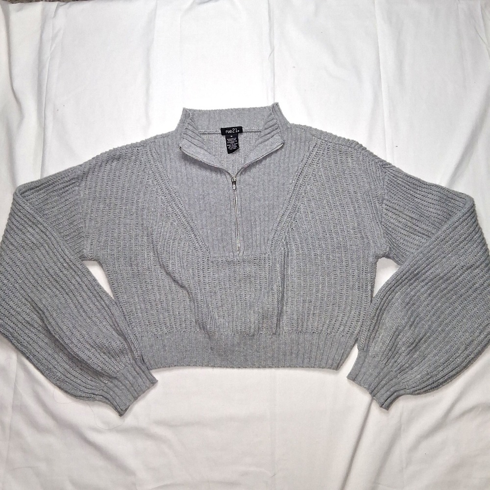 Rue21 Gray Half Zip Pullover Sweater Balloon Sleeve Ribbed Knit‎ Medium EUC
